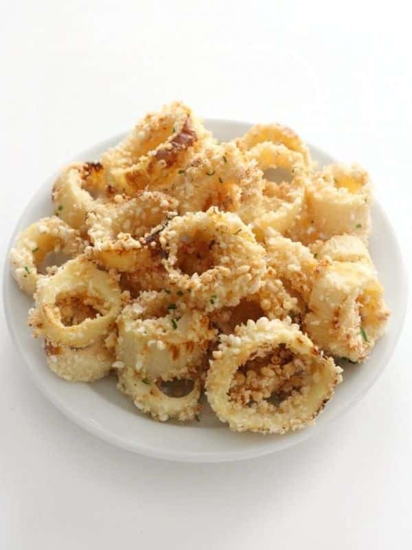 Insanely crispy Vegan Calamari made in the air fryer! This healthy plant-based calamari is gluten-free, allergy-free, and oil-free! Made with Hearts of Palm and a light seasoned breading, this squid-free calamari recipe will blow your mind and become your go-to appetizer for impressing anyone!