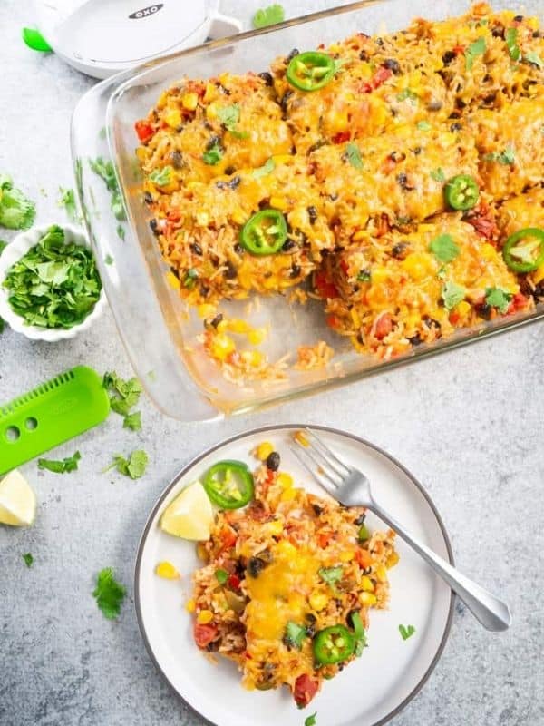 Healthy Vegetarian Mexican Casserole with Rice & Beans