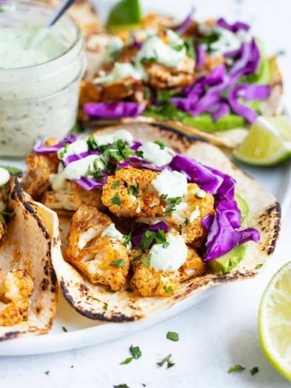 Roasted cauliflower tacos with cilantro lime sauce