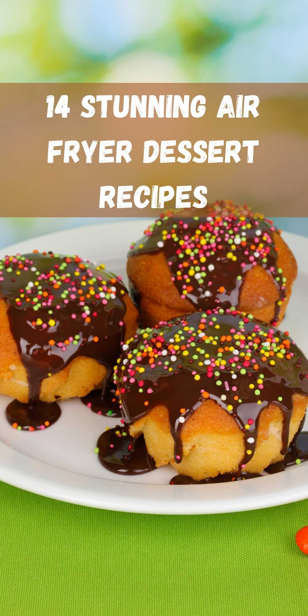 air fryer donuts with chocolate topping and multicoloured sprinkles on top