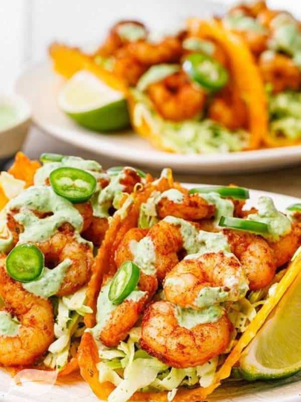 Cheese Shell Shrimp Tacos with Cilantro Lime Sauce