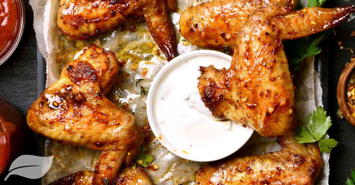Chicken wings on a baking tray with coriander and a creamy dipping sauce