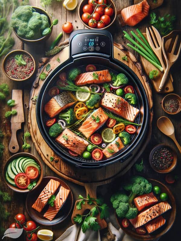 a beautifully cooked salmon fillet in an air fryer basket, highlighting the crispy, golden texture of the salmon
