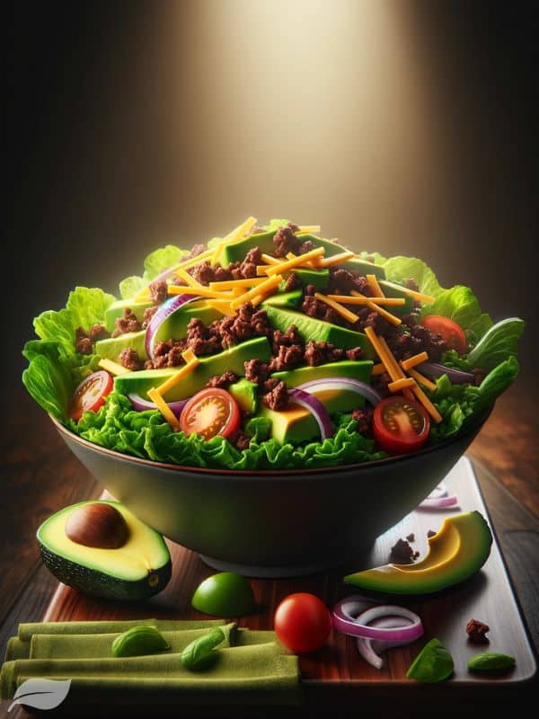 a keto salad, showcasing a vibrant and appealing presentation. The salad has layers of crisp romaine lettuce, perfectly seasoned ground beef, ripe diced avocados, rich cheddar cheese