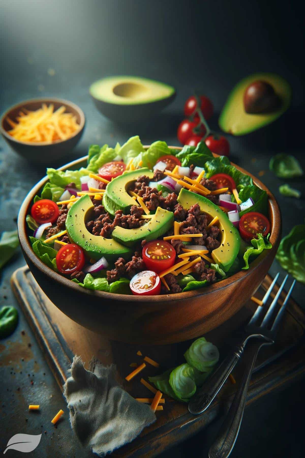 a keto salad. The salad features crisp romaine lettuce, seasoned ground beef, diced avocado, shredded cheddar cheese, juicy cherry tomatoes, and finely chopped red onions
