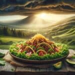a large, intricately arranged Keto taco salad in the center, with crisp green lettuce, diced tomatoes, shredded cheese, seasoned ground beef, and a drizzle of creamy avocado dressing. The salad is