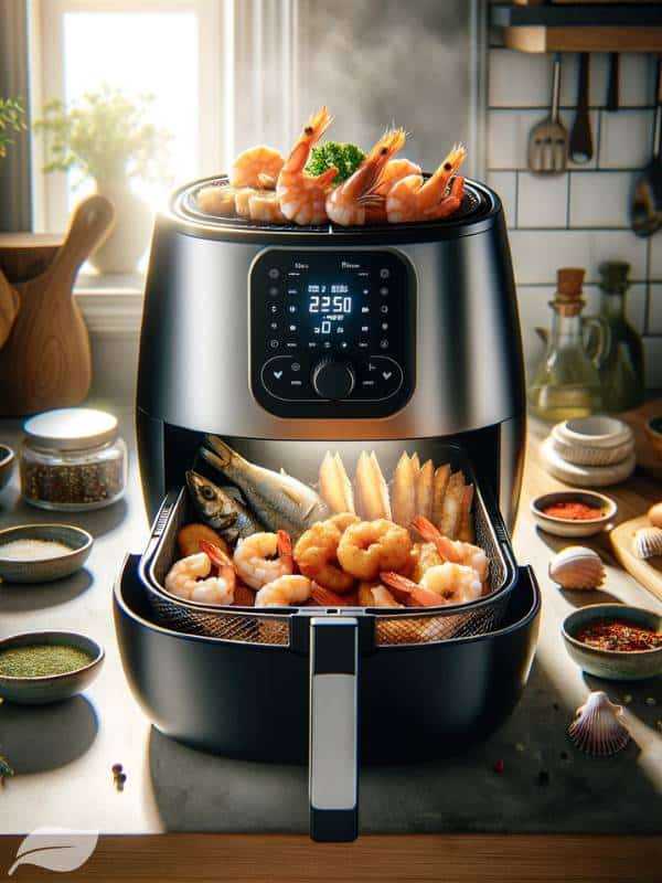 a modern kitchen with bright lighting, emphasizing the healthiness and convenience of using an air fryer for cooking. The seafood includes shrimp, scallops, and fish fillets, all appearing crispy and golden