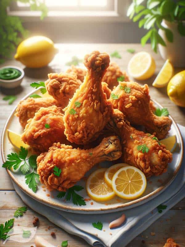 a plate of keto fried chicken, featuring crispy, golden-brown chicken pieces such as drumsticks and wings.