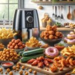 a variety of air fryer snacks, including crispy chickpeas, zucchini fries, apple chips, donut bites, buffalo chicken wings, and crispy shrimp, arranged tastefully on a modern kitchen counter with an air fryer in the background