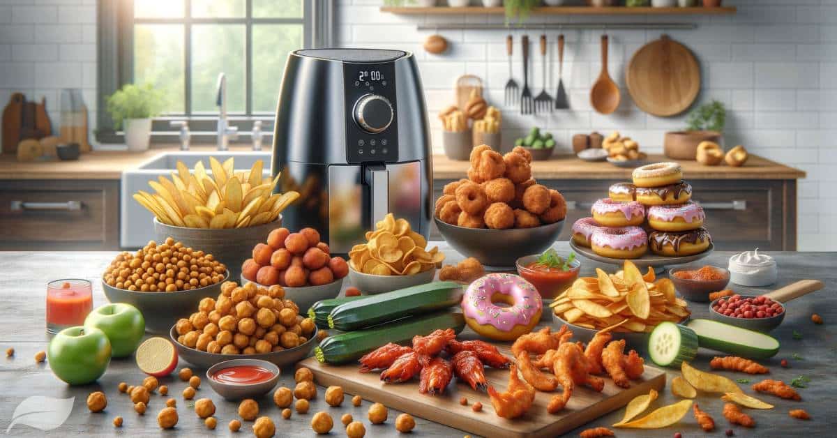 a variety of air fryer snacks, including crispy chickpeas, zucchini fries, apple chips, donut bites, buffalo chicken wings, and crispy shrimp, arranged tastefully on a modern kitchen counter with an air fryer in the background