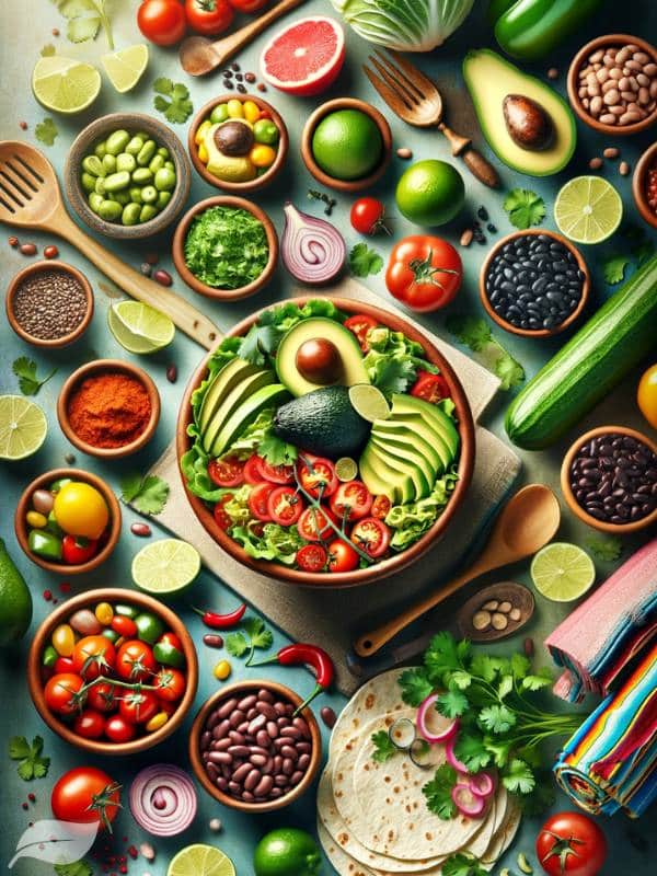 a variety of colorful ingredients commonly used in Mexican recipes, such as fresh avocados, tomatoes, cilantro, lime, and beans. Incorporate elements that suggest healthiness