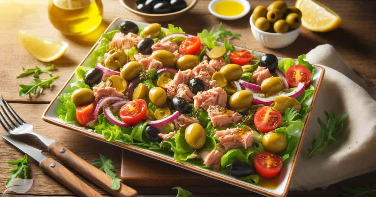 A beautifully arranged Mediterranean Tuna Olive Salad on a long rectangular plate,