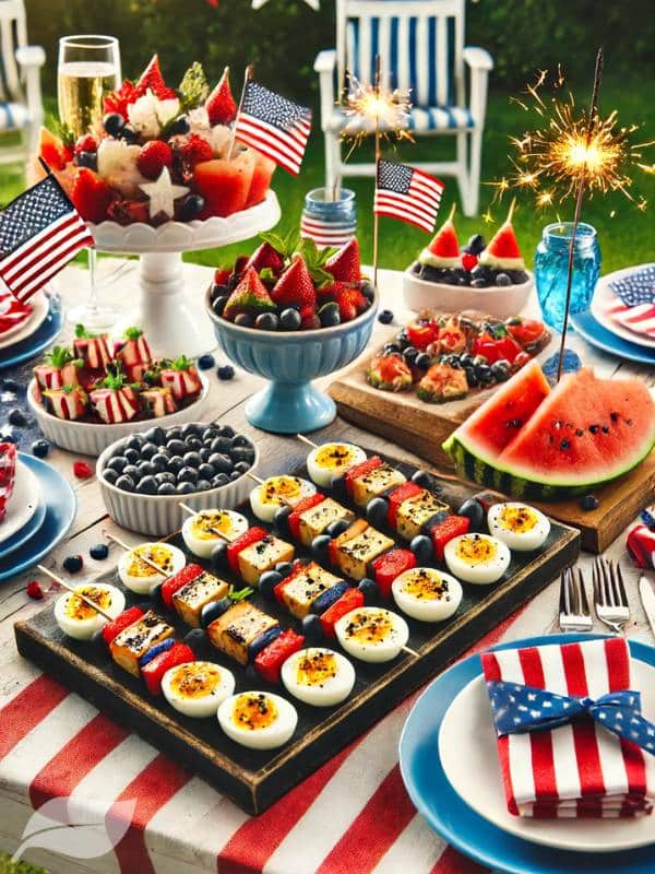 A festive 4th of July appetizer spread displayed on a patriotic-themed table