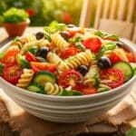 A vibrant and colorful pasta salad, showcasing a variety of fresh ingredients like tomatoes, cucumbers, olives, and rotini pasta, dressed lightly with a homemade Italian vinaigrette.