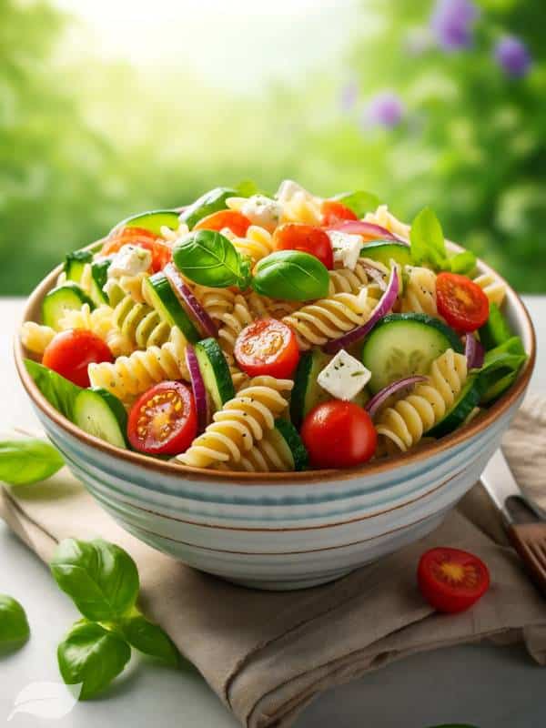 a bowl of pasta salad, rich in color and texture, with fusilli pasta, cherry tomatoes, sliced cucumbers, red onions, feta cheese, and a sprinkle of fresh basil on top