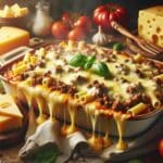a cheesy beef casserole, oozing with melted cheese atop a rich mix of ground beef, tomatoes, and pasta