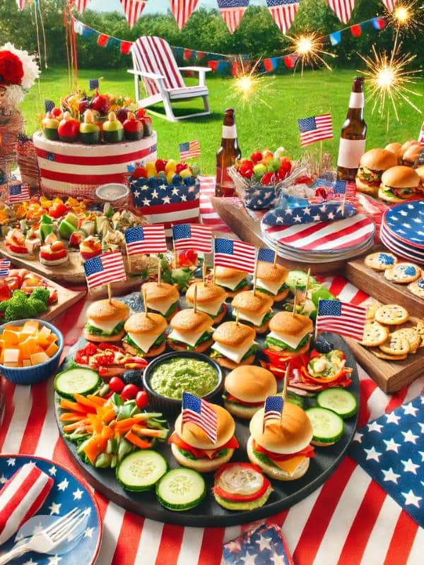 a festive 4th of July appetizer spread on a patriotic-themed table