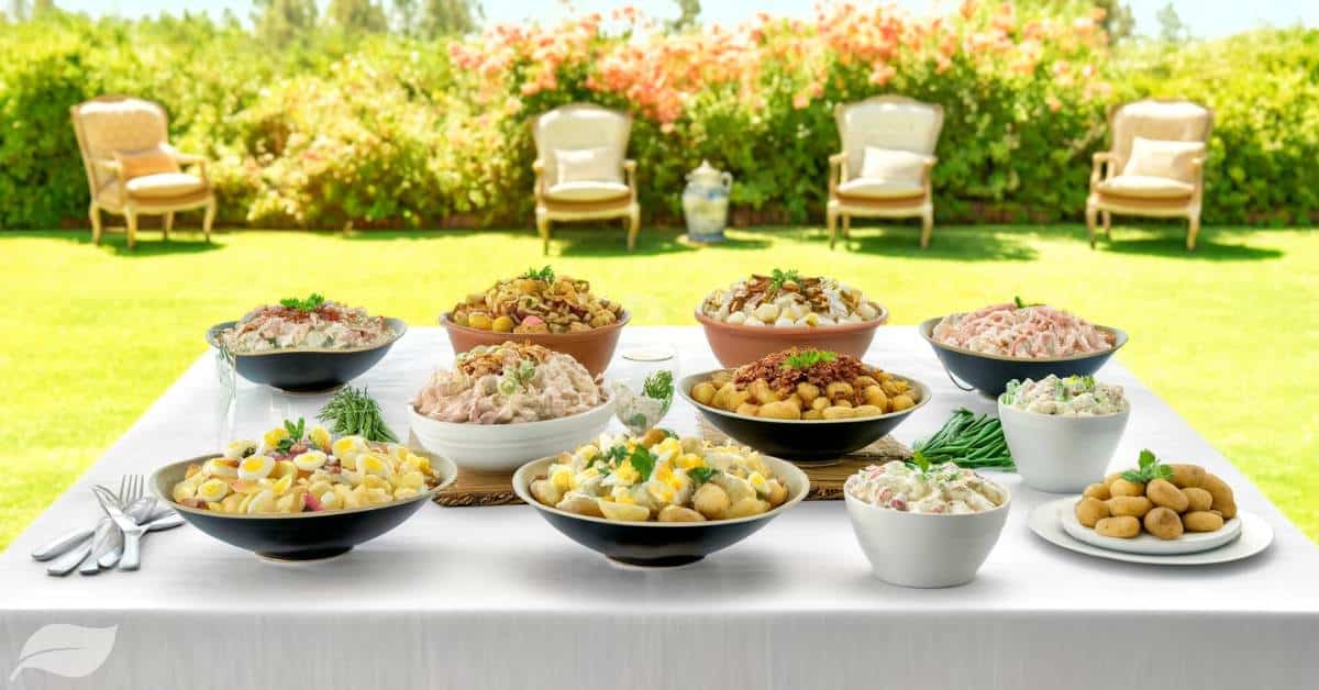 a festive outdoor picnic scene with a variety of global potato salads displayed on a long, elegant table covered with a white linen tablecloth