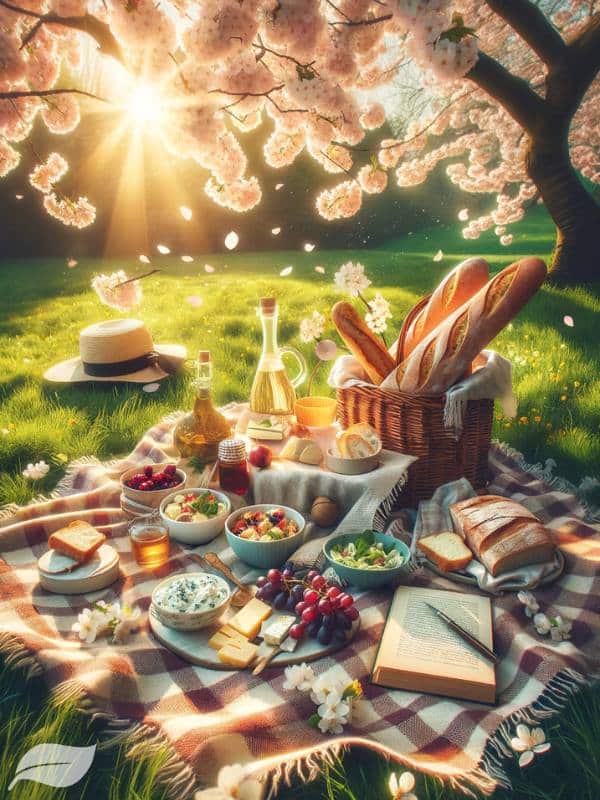 a lush meadow with a checkered blanket spread out under a cherry blossom tree in full bloom. On the blanket, there's an array of picnic foods a crusty baguette, a bowl of pasta salad, a selection