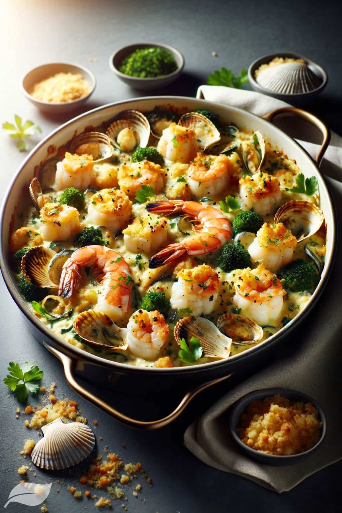 a luxurious seafood casserole, nestled in an elegant casserole dish