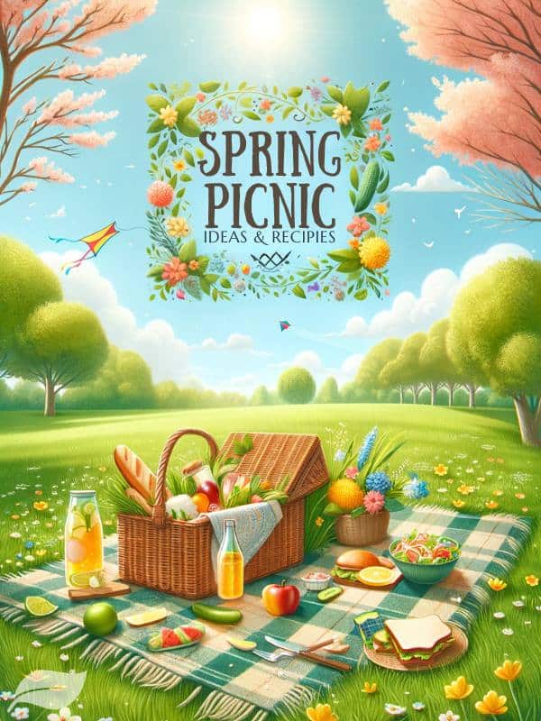 a serene picnic setting in a park filled with the lush greenery of spring. a picnic blanket on the grass with a basket, showcasing a variety of foods such as sandwiches, salads, fruits