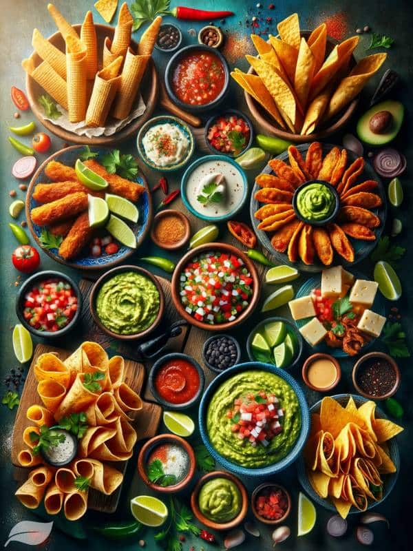 a variety of Mexican appetizers. The image should include items like guacamole, Pico de Gallo, Queso Fundido, and tamales, arranged in an appealing and colorful layout.