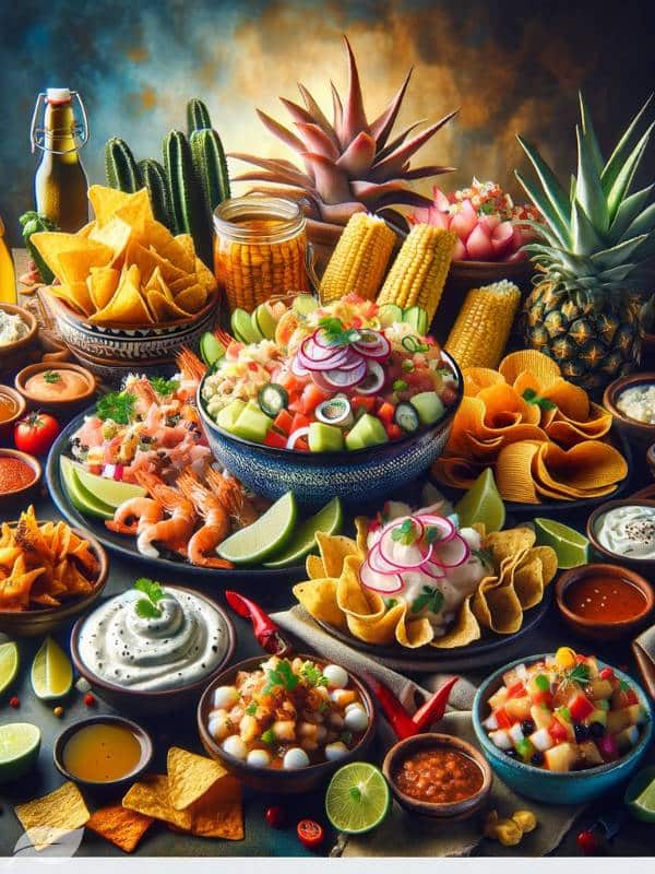 a variety of Mexican dishes like ceviche, elote, chalupas, and nachos, arranged elegantly on a table