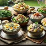 a variety of potato salads from around the world, elegantly arranged on a rustic wooden table.