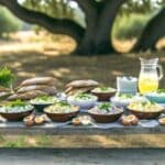 an array of egg salads on a long, rustic wooden table