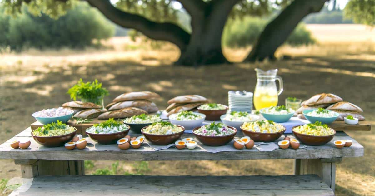 an array of egg salads on a long, rustic wooden table