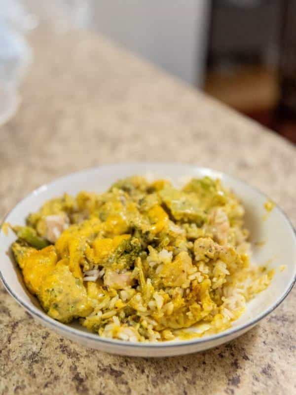 chicken, broccoli, and rice casserole made with curry