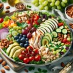 chicken salad recipes. Include elements like fresh vegetables, fruits, nuts, and different styles of chicken salad preparation in an inviting, colorful arrangement.