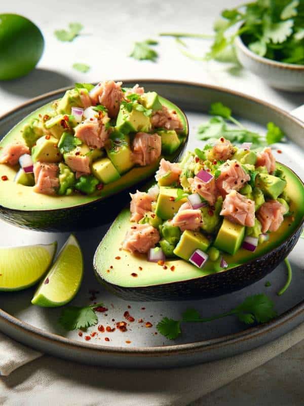 two avocado halves filled with a mixture of diced avocado, tuna, lime juice, cilantro, and red onions, seasoned with chili flakes