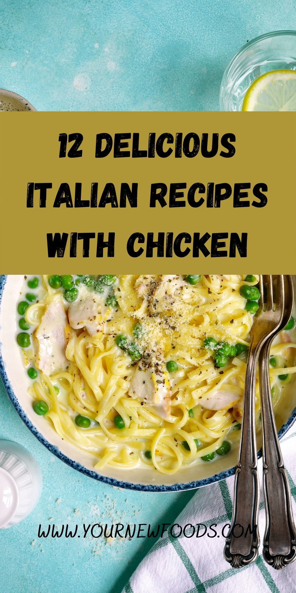 Italian recipes with Chicken carbonara in a white bowl on a blue surface