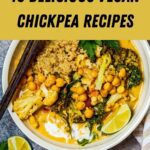 Delicious Vegan Chickpea Recipes showing a bowl of chickpea curry in a white dish