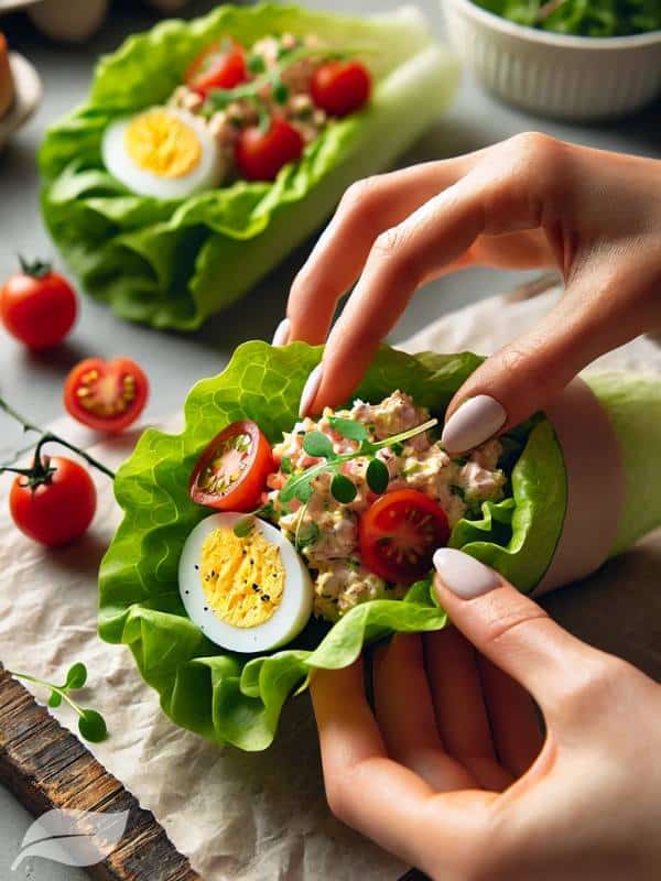 A close-up of hands assembling a keto egg salad lettuce wrap.