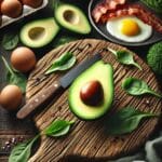 a halved avocado on a rustic wooden cutting board, surrounded by various keto-friendly ingredients like eggs, bacon, and leafy greens