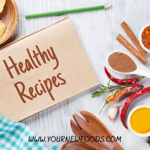 Healthy recipes text on a card with healthy ingredients on the side