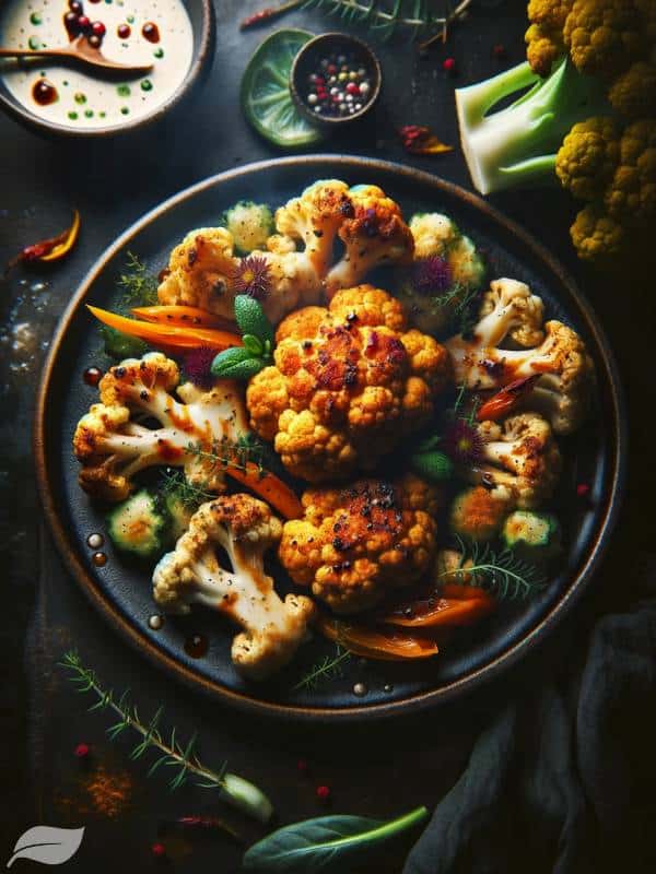 a close-up of a beautifully plated vegan dish prominently featuring cauliflower, perhaps in a creative or unexpected form like cauliflower steak