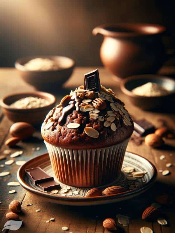 a close-up view of a single, delectable vegan muffin, topped with a sprinkle of nuts and a drizzle of vegan chocolate