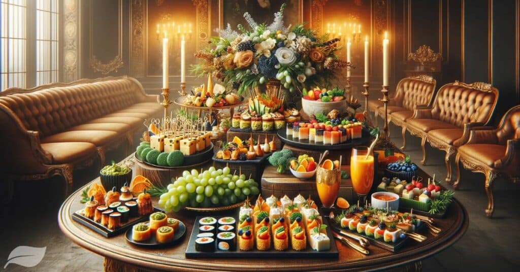 a decadent array of vegan appetizers such as gourmet vegan sushi, artisanal vegan cheese and fruit platter, roasted vegetable skewers, and avocado gazpacho shots