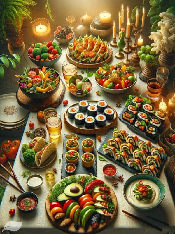 a diverse selection of vegan appetizers including exotic vegan sushi rolls, colorful stuffed bell peppers, vegan mini tacos, and an avocado and tomato salad
