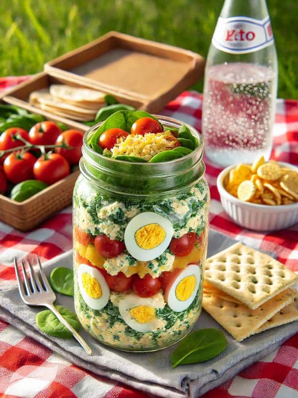 a picnic spread on a red and white checkered blanket. The focal point is a mason jar layered with keto egg salad, spinach, and cherry tomatoes.