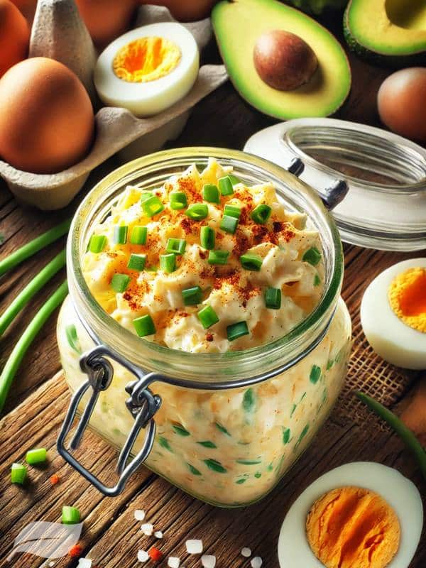 a rustic wooden table with a glass jar filled with creamy keto egg salad