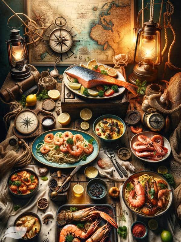 a variety of fish and seafood dishes from around the world, artfully arranged on a rustic wooden table with a nautical theme