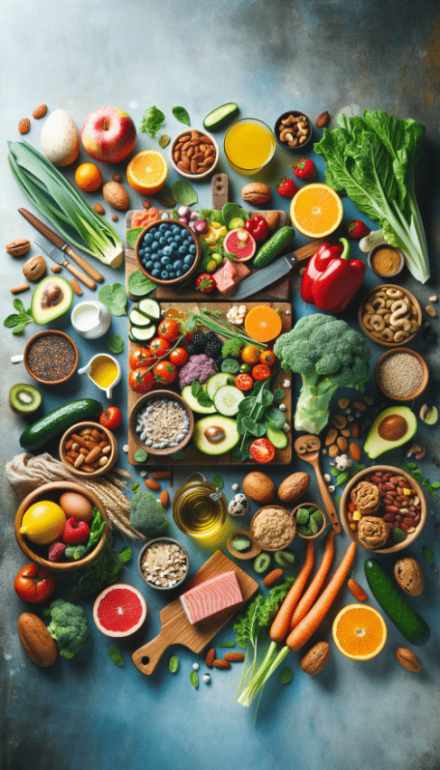 a variety of healthy foods, including colorful fruits and vegetables, lean proteins, and whole grains. Incorporate elements that suggest freshness and vitality, such as a bright, clean background and natural textures like wooden cutting boards or rustic table surfaces