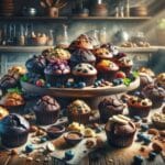 a wide array of vegan muffins arranged elegantly on a large, rustic wooden table