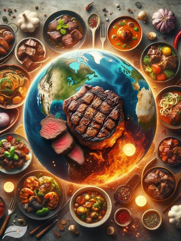 an array of international beef dishes artistically arranged around a globe, symbolizing the global diversity of beef recipes