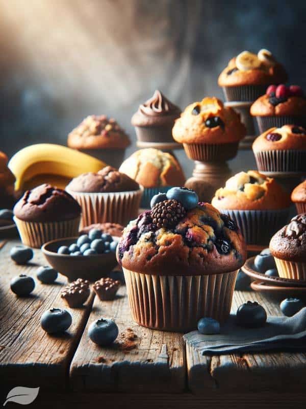 an assortment of vegan muffins in various flavors, such as blueberry, chocolate, and banana.