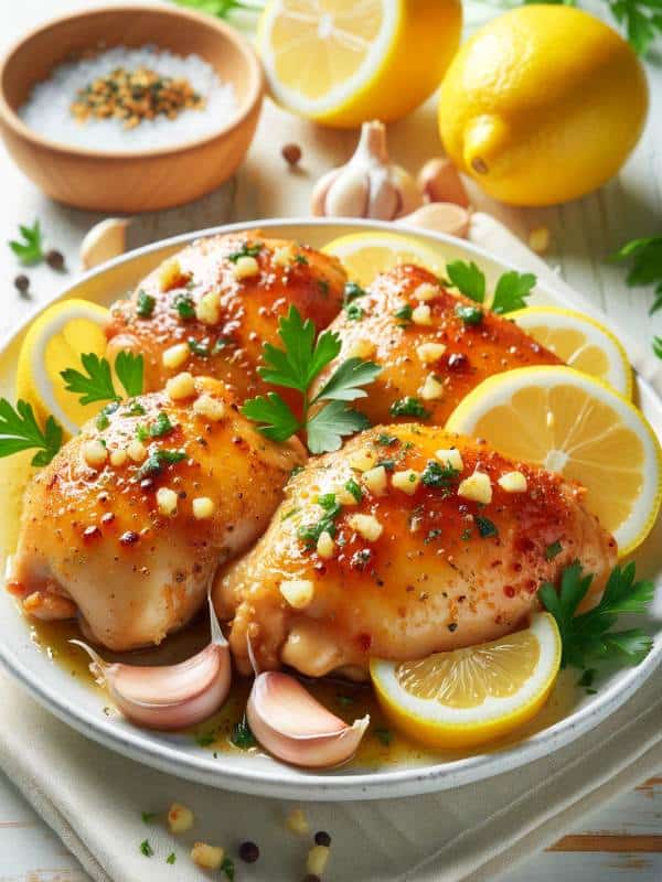 golden brown keto air-fryer lemon garlic chicken thighs on a white plate.